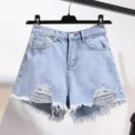 Summer Women's Cowboy Shorts  High Waist Casual Denim Shorts Pocket Tassel Perforated Ripped Holes Y2K Girls White Jeans - Image 3