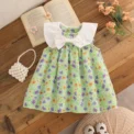 Newborn Girl Dress Yellow Flower Printed Dresscute Bow Doll Collar Dress For Girl Summer Travel Costume - Image 2
