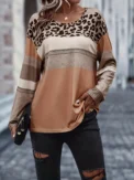 Plus Size Casual T-shirt Women's Plus Colorblock Leopard Print Long Sleeve Round Neck Slight Stretch T-shirt - Image 5