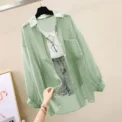 Summer Sunscreen Shirt Elegant Perspective Thin Chiffon Blouse Korean Harajuku See Through Loose Top Casual Women's Cardigan - Image 2