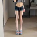 Low Waist Sexy Girl Retro Dark Denim Shorts Women Summer Slim Fit Elastic Roll up Sides Heat Shorts Casual Fashion Jeans - Image 3