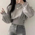 Casual Hip-Hop Sporty Pullover Sweet Chic Street Wear Autumn Women Solid O-Neck Slim Crop Top Lantern Sleeve With Button Sweat - Image 4