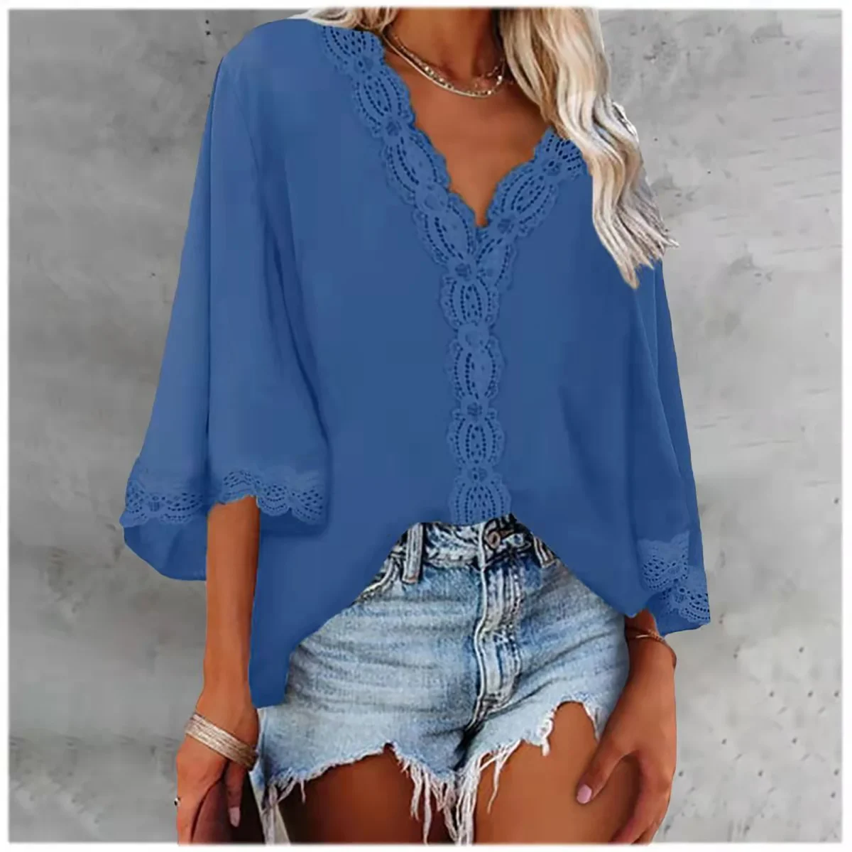 Europe and the United States spring and summer new women's shirt flared sleeve V-neck lace lace loose shirt woman - Image 2