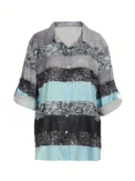 Plus Size 2023 New in Women's Loose Commuter Five-Quarter Sleeve Top, Striped Colorblock Shirt Larger Size Single Row Buttons - AliExpress 200000345 - Image 2