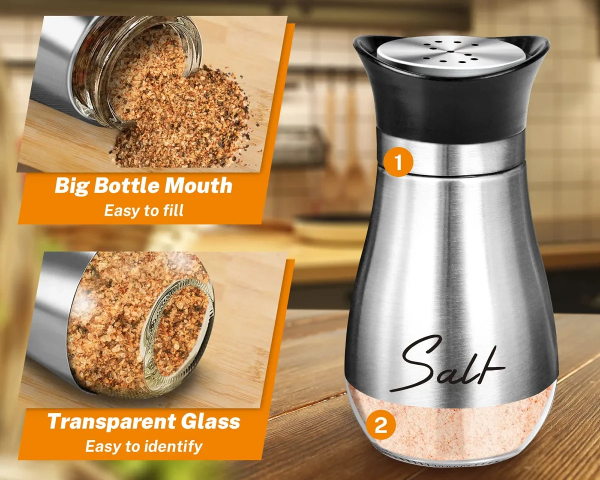 2pcs Glass Bottom With Stainless Steel Salt Pepper Shakers Spice Dispenser With Adjustable Pour Holes Pepper Seasoning Cans - Image 5