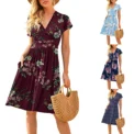 Spring/Summer New Women's Long Skirt V-neck Short Sleeve Pocket Printed Loose Dress in Europe and America