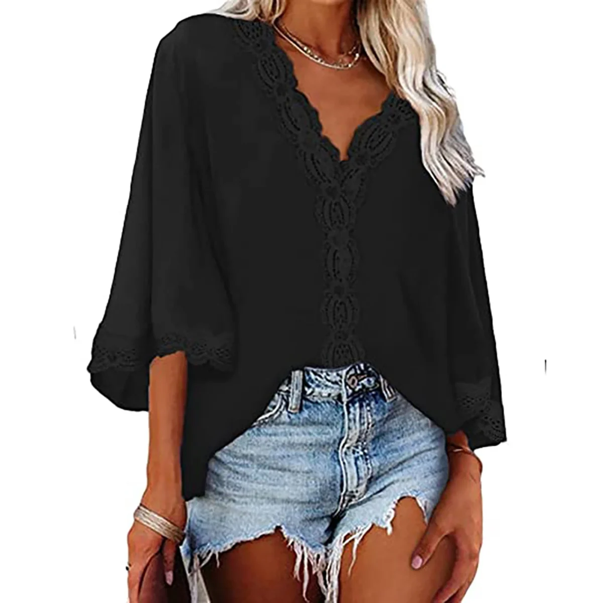 Europe and the United States spring and summer new women's shirt flared sleeve V-neck lace lace loose shirt woman - Image 3