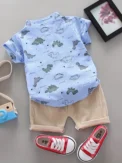 Infant and toddler summer full print small dinosaur pattern short sleeved shorts set, outdoor standing collar shirt, fashionable - - Image 2