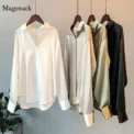 Spring Fashion Button Up Satin Silk Shirt Vintage Blouse Women White Tops Lady Long Sleeves Female Loose Street Shirts