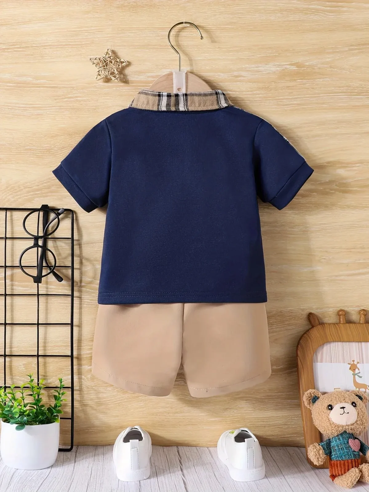 2-Piece Baby Boy Summer School Plaid Collared Short Sleeve Top + Casual Shorts New Fashion Casual Comfort Sports Suit - Image 2