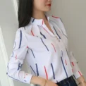 Women White Tops Blouses Fashion Stripe Print Casual Long Sleeve Office Lady OL Shirts Slim Blusas - Image 2