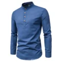 Men's solid color casual slim fitting standing collar long sleeved business shirt shirt - Image 2