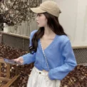Women Autumn Long Sleeve Sweater Cardigan Sexy V-Neck Button Down Cropped Jacket Sweet Solid Candy Color Loose Knitted Outwear - Image 4