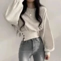 Casual Hip-Hop Sporty Pullover Sweet Chic Street Wear Autumn Women Solid O-Neck Slim Crop Top Lantern Sleeve With Button Sweat - Image 2