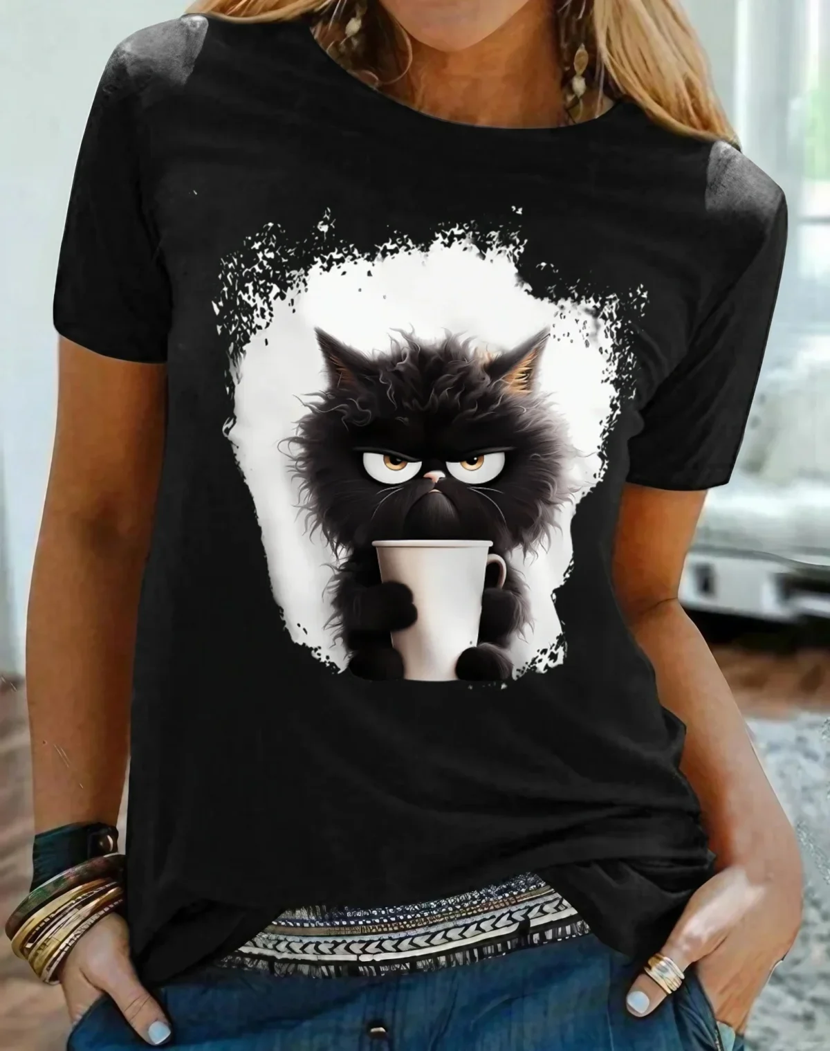 Women's T Shirt Tee Cat Daily Weekend Black Print Short Sleeve Fashion Funny Round Neck Regular Fit Summer - Image 1
