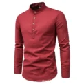 Men's solid color casual slim fitting standing collar long sleeved business shirt shirt - Image 3