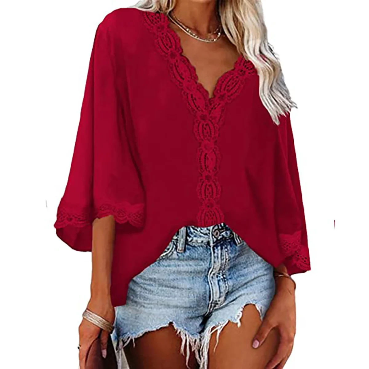 Europe and the United States spring and summer new women's shirt flared sleeve V-neck lace lace loose shirt woman - Image 4