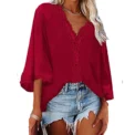 Europe and the United States spring and summer new women's shirt flared sleeve V-neck lace lace loose shirt woman - Image 4
