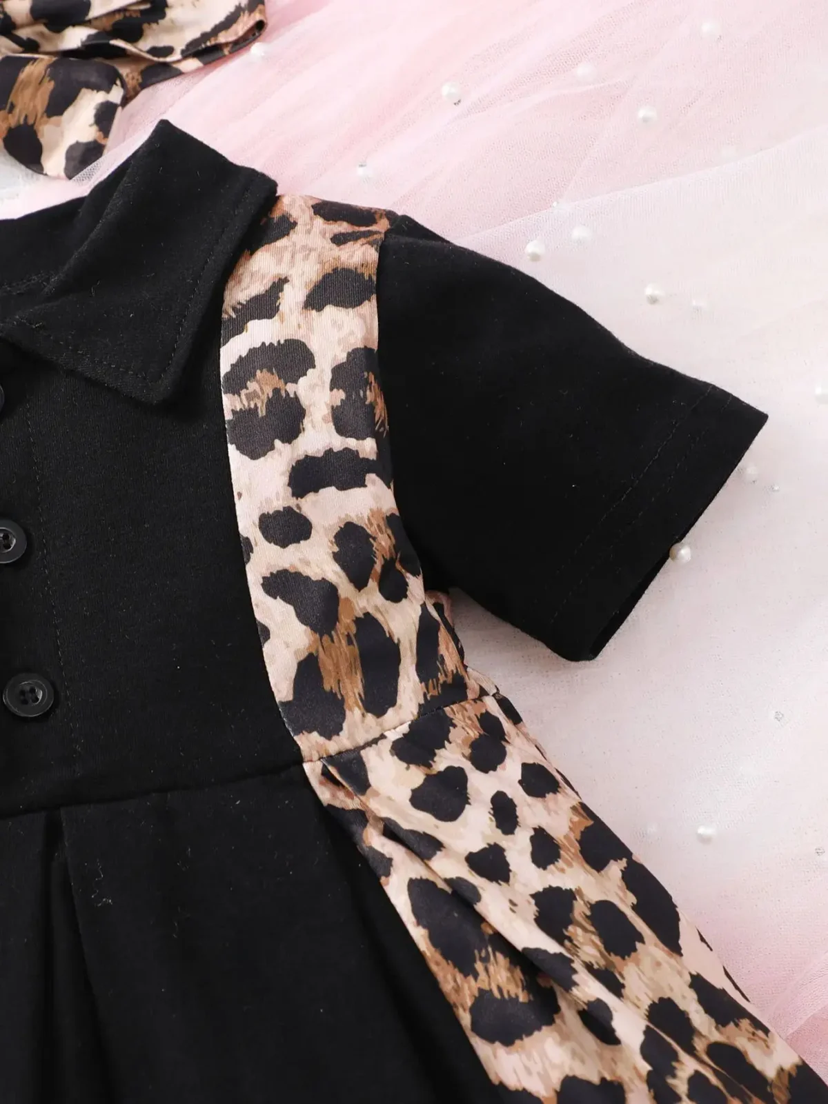 0-3 Year Old Newborn Baby Girls Summer Short Sleeved Lapel Black Leopard Print Cute Fashion Pleated Dress - - Image 3