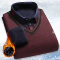 Men's Plaid Pullover Knit Polo Shirts Fleece Lined Sweaters Knitted Bottom Shirts Dad Warm Pullovers Knitwear - Image 3