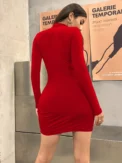 Long Sleeve Slim Bodycon Mini Dress Women Turtleneck Pleated Party Ruched Short Evening Club Outfit Soild Color - Image 6