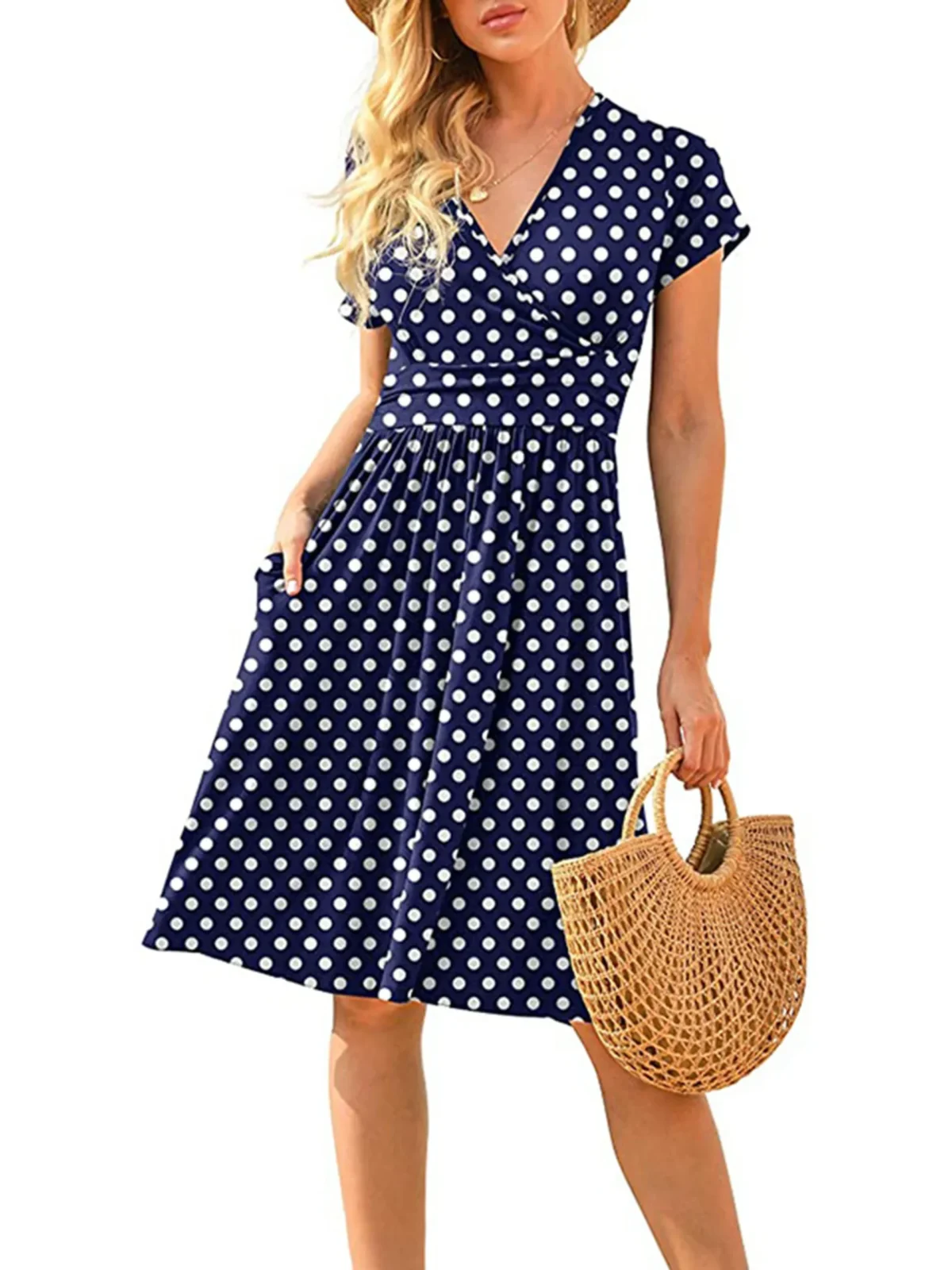 Spring/Summer New Women's Long Skirt V-neck Short Sleeve Pocket Printed Loose Dress in Europe and America - Image 5