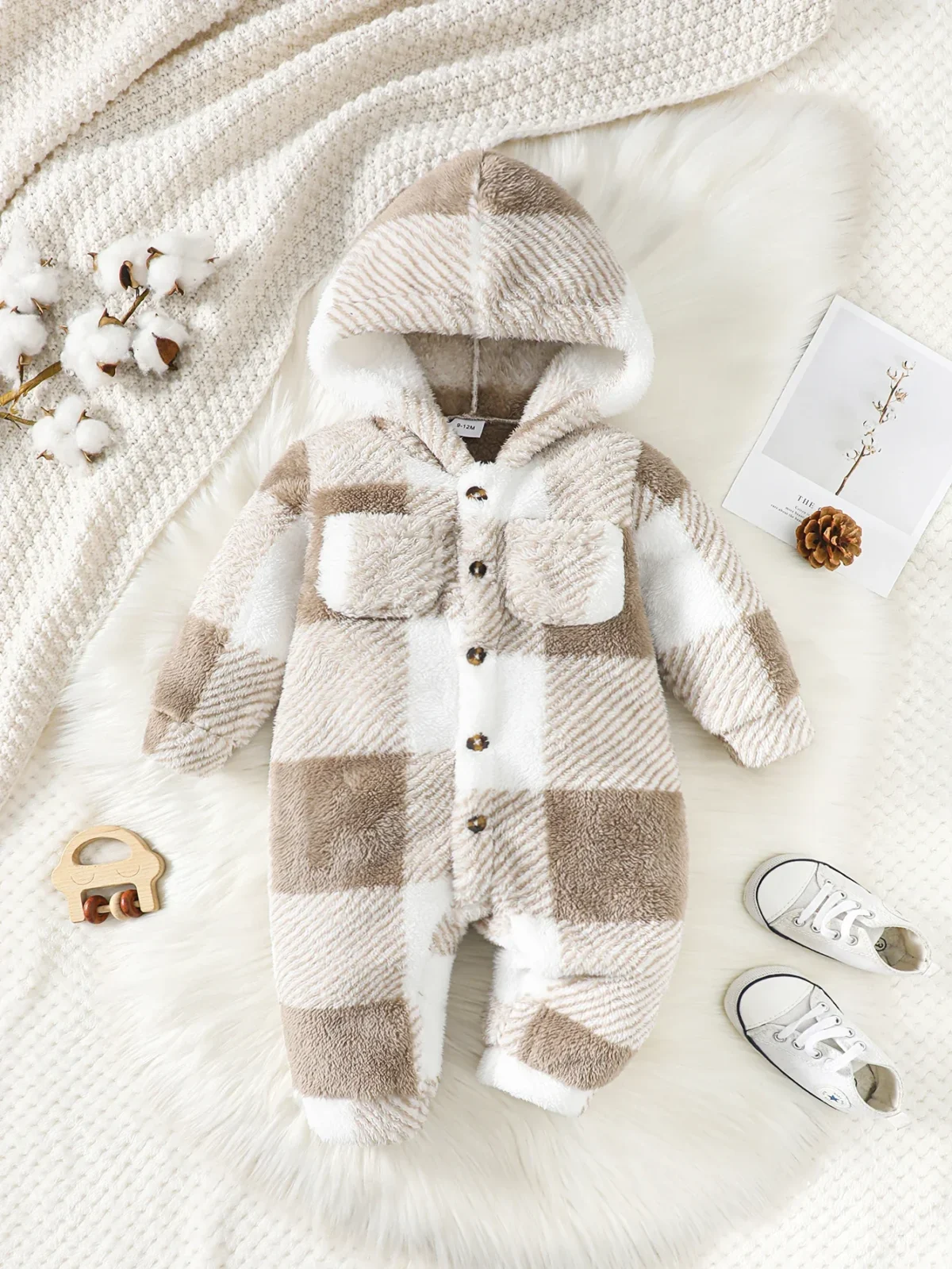 3-24 Months Baby Boys&Girls Romper Plaid Hooded Long Sleeved Plush Jumpsuit Winter Warm Bodysuit Clothes for Toddler Boy&Girl - Image 1