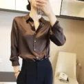 All-match Satin Finish Shirts And Blouses Women Clothing Casual Top OL Long Sleeve Button Elegant Shirts French Solid Blouses - Image 4