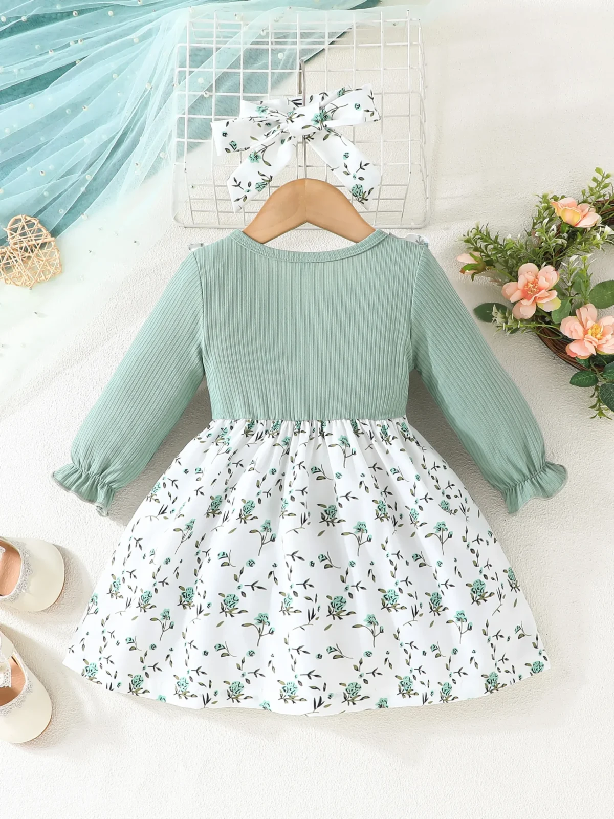Dress For Kids 6Months -3Years old Long Sleeve Cute Floral Bow Princess Formal Dresses Ootd For Newborn Baby Girl - Image 2