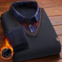 Men's Plaid Pullover Knit Polo Shirts Fleece Lined Sweaters Knitted Bottom Shirts Dad Warm Pullovers Knitwear