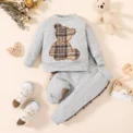 Baby Boy Summer Plaid Bear Patch Embroidered Long-sleeved Top Trouser Set - Image 2