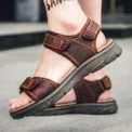 Summer New Men's Leather Sandals Lightweight and Comfortable Velcro Beach Shoes Retro Extra Large Outdoor Leisure Sports Sandals - Image 3
