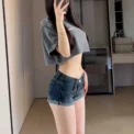 Low Waist Sexy Girl Retro Dark Denim Shorts Women Summer Slim Fit Elastic Roll up Sides Heat Shorts Casual Fashion Jeans - Image 4