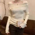 Solid Sexy Slim Off Shoulder Slash Neck Long Sleeve Knitting Sweater Women Jumpers Office Fashion New - - Image 3