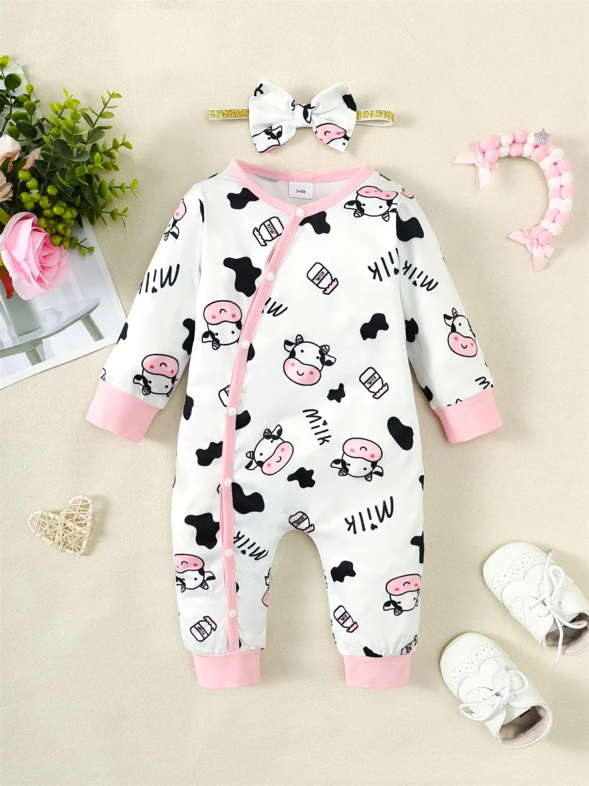 2PCS Newborn Baby Girl Fashion Jumpsuit Cute Cow Long Sleeve Bodysuit+Headband Spring&Autumn Romper for Toddler Girl 0-18 Months - Image 1