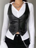 Women PU Leather Button Down Crop Blazer Vest Halter Dressy Punk Corset Top V-Neck Sleeveless Y2K Waistcoat Jacket Coat - Image 2