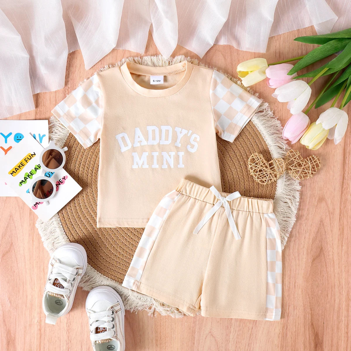 2PCS Summer 0-4 Years Old Cute Fashion Trend Baby Girls Universal Comfortable Soft Daddys Mini Letter Multicolor Plaid Set - - Image 4