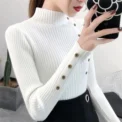 Women Autumn Knitted Slim Sweaters Solid Knitted Female Cotton Soft Elastic Color Pullovers Button Full Sleeve Turtleneck - Image 5