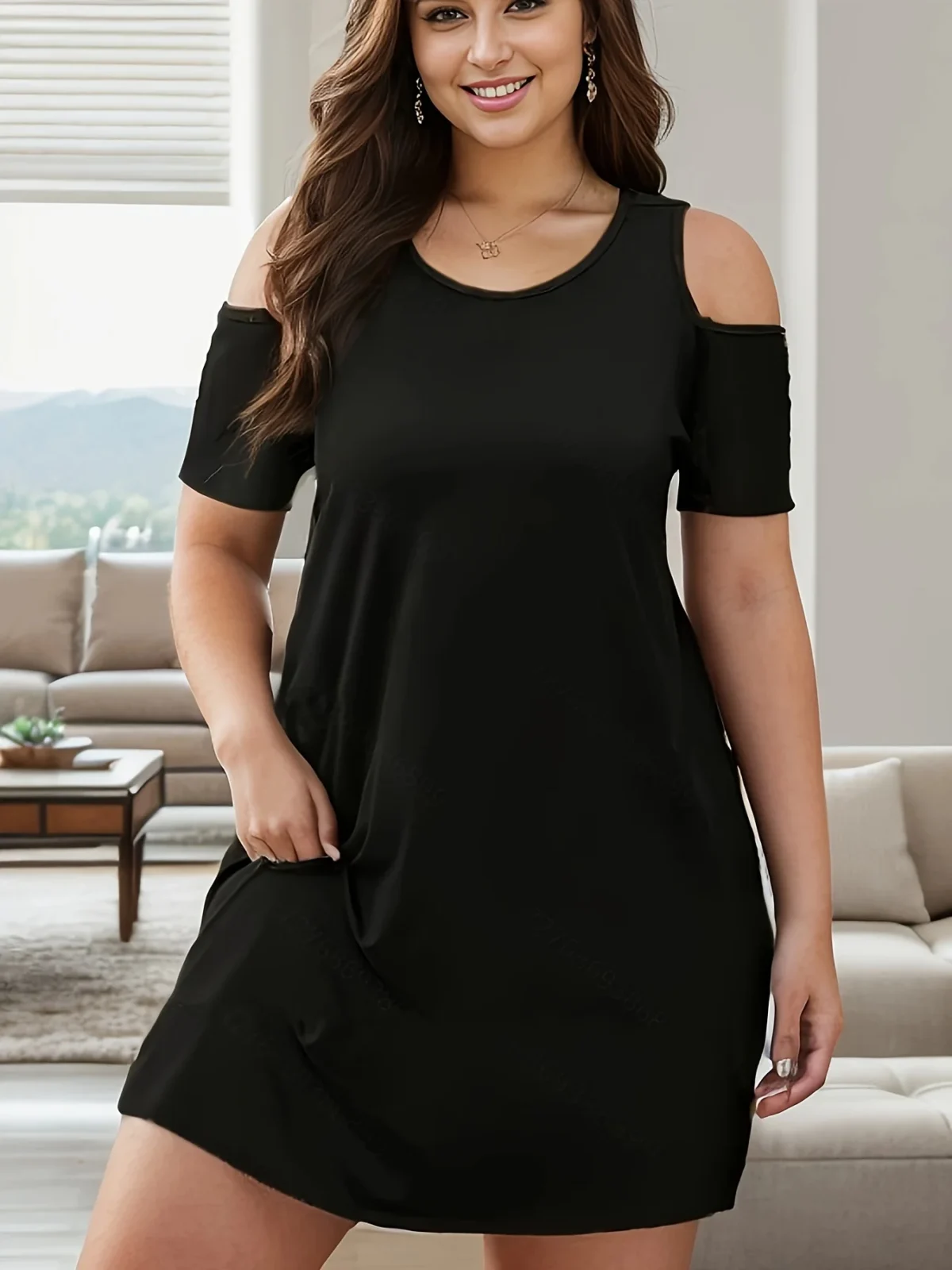 Spring/Summer Leisure Round Neck Fashion Plus Size Solid Color Off Shoulder Dress Women's Plus Size Clothing - Image 1