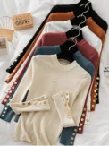 2025 women thick sweater pullovers khaki casual autumn winter button o-neck chic sweater female slim knit top soft jumper tops - Image 2