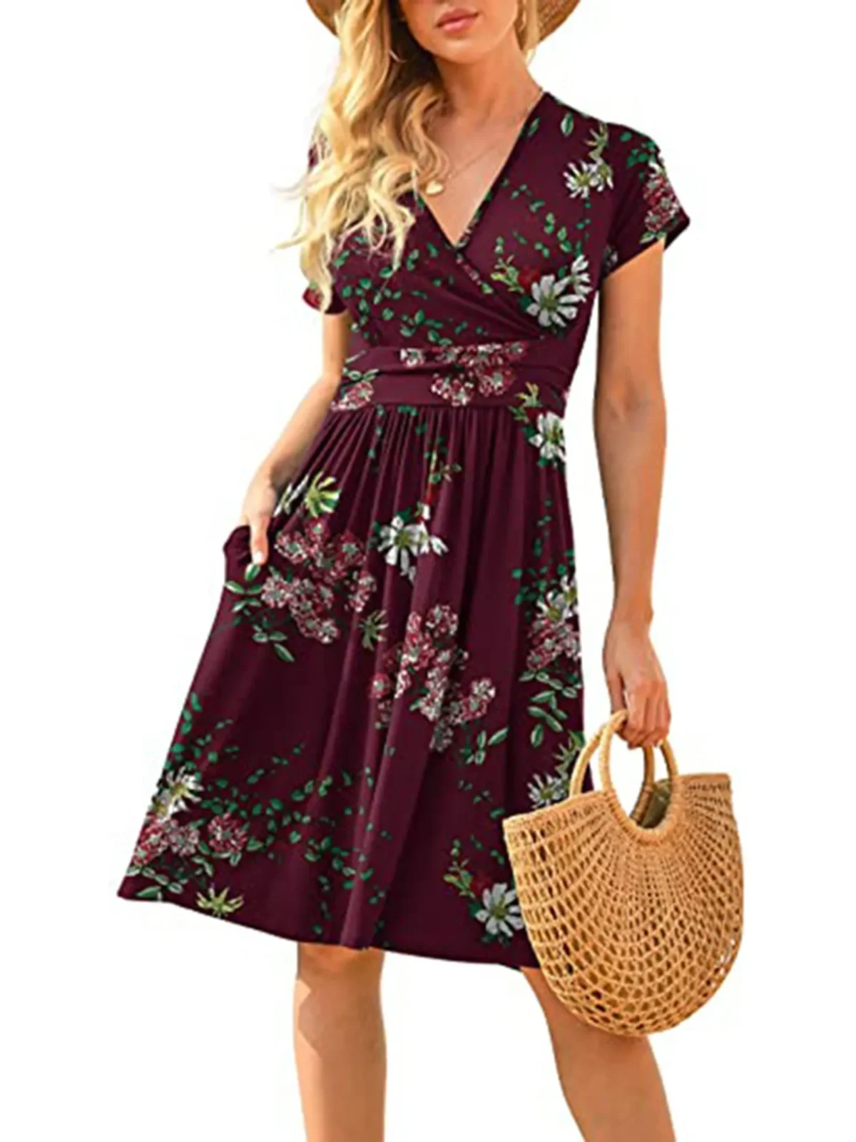 Spring/Summer New Women's Long Skirt V-neck Short Sleeve Pocket Printed Loose Dress in Europe and America - Image 6