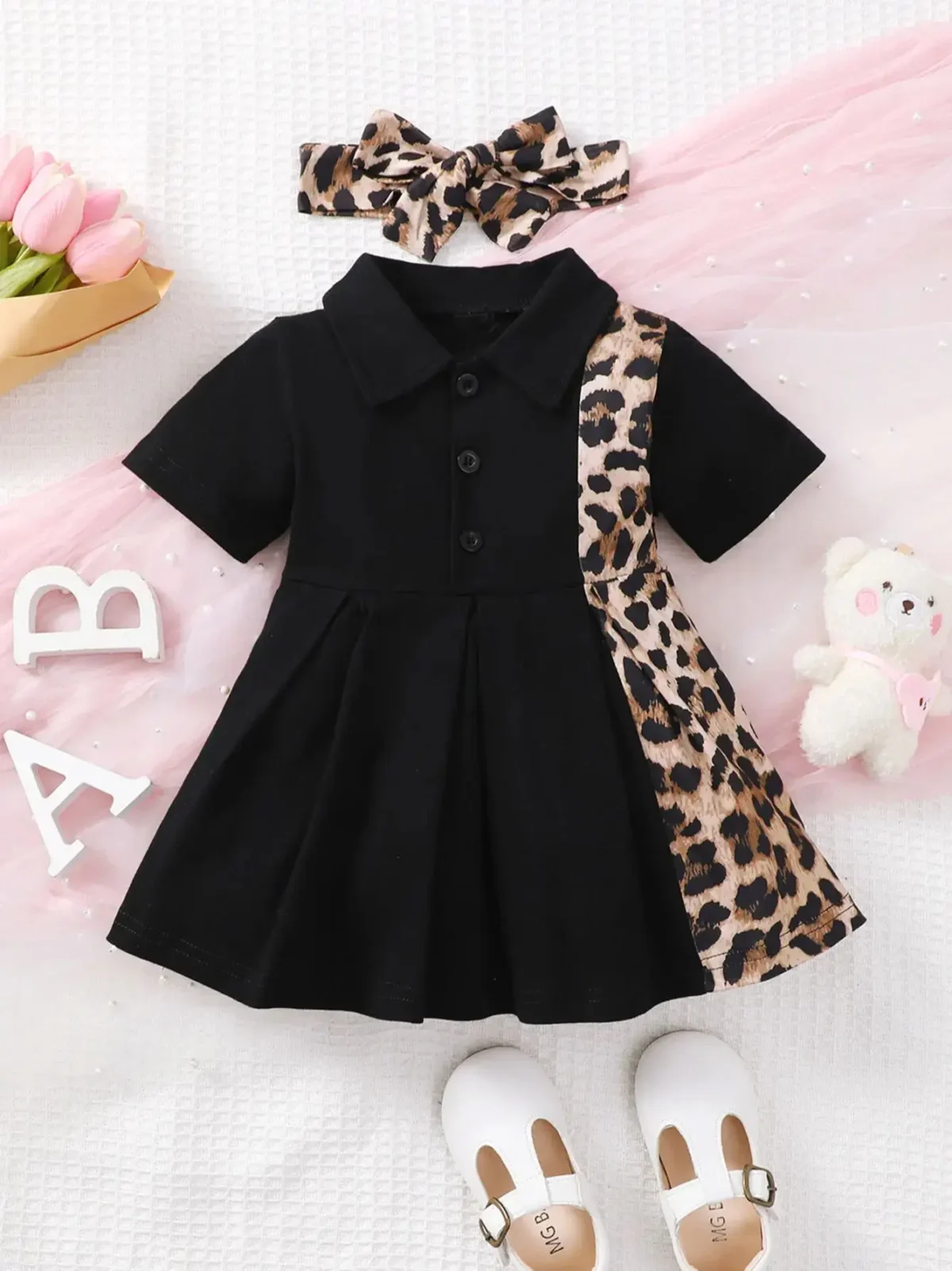 0-3 Year Old Newborn Baby Girls Summer Short Sleeved Lapel Black Leopard Print Cute Fashion Pleated Dress - - Image 1