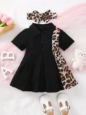 0-3 Year Old Newborn Baby Girls Summer Short Sleeved Lapel Black Leopard Print Cute Fashion Pleated Dress -