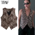 TRAF Leopard Print Vests for Women Waistcoat Cropped Sleeveless Vest Woman Fashion Short Jacket Women Streetwear Women's Coats