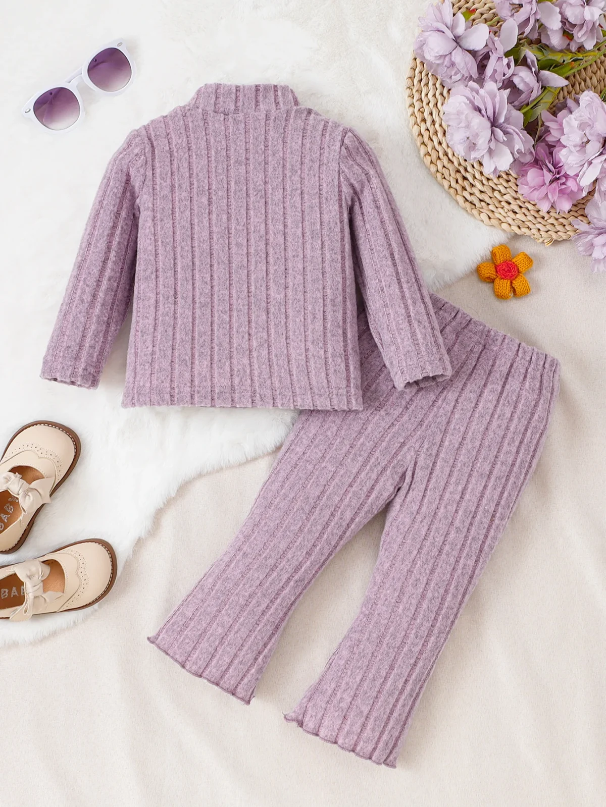 Girl baby Set Half High Collar Solid Color Small Flower Tops +Pants Fashion 2pcs/Set 0-3 Years Cute Girl baby Spring Autumn Set - Image 2