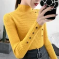Women Autumn Knitted Slim Sweaters Solid Knitted Female Cotton Soft Elastic Color Pullovers Button Full Sleeve Turtleneck - Image 2