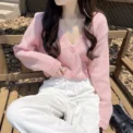 Women Autumn Long Sleeve Sweater Cardigan Sexy V-Neck Button Down Cropped Jacket Sweet Solid Candy Color Loose Knitted Outwear