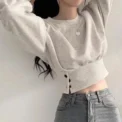 Casual Hip-Hop Sporty Pullover Sweet Chic Street Wear Autumn Women Solid O-Neck Slim Crop Top Lantern Sleeve With Button Sweat - Image 5