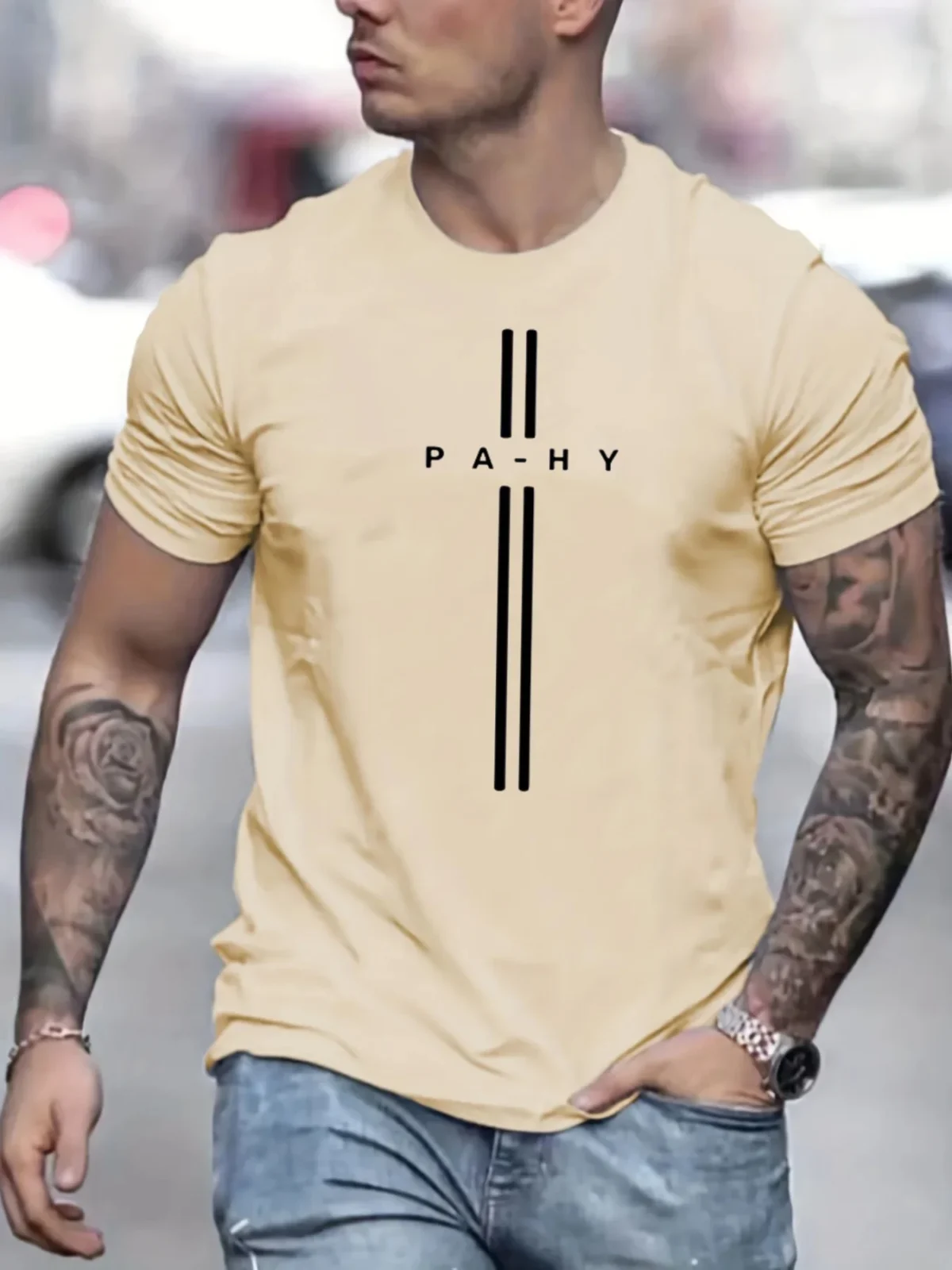 Men's 100% Pure Cotton Short Sleeved T-shirt, Round Neck Top, Letter Pattern Print, Comfortable, Casual, Summer, Loose Size - Image 4