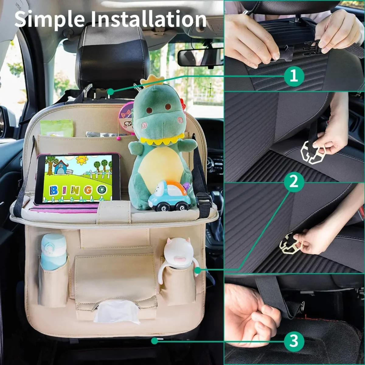 Car Seat Back Organizer with Foldable Table Tray  Leather Storage Organizer with Pockets Kick Mats Seat Interior Accessories - Image 4